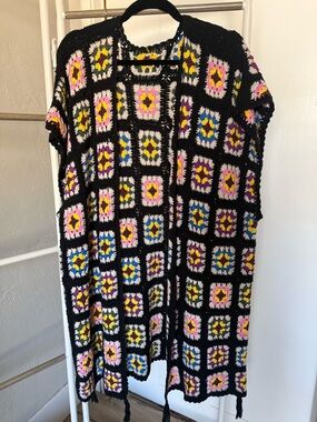 Crochet Granny Square Duster Cardigan in Black with Pink, Yellow & Blue